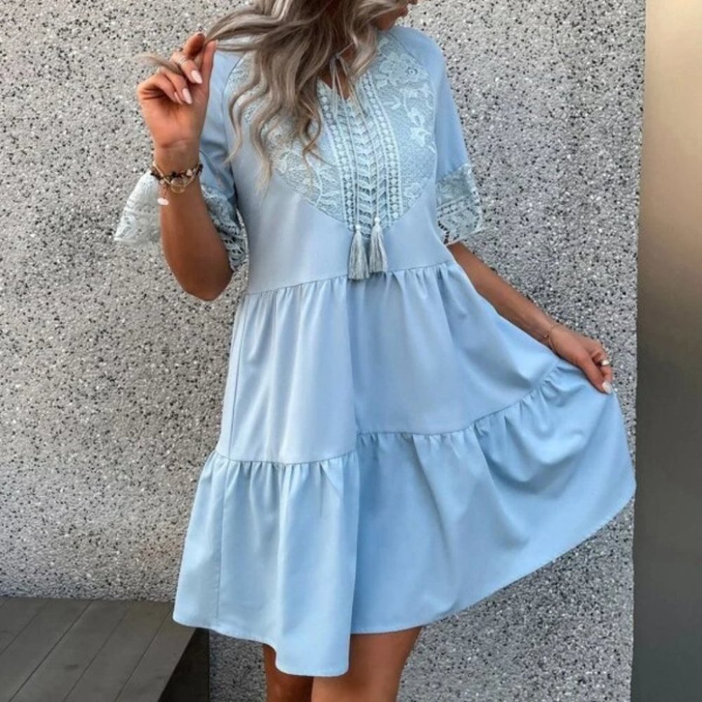 Tassel Tie Ruffle Hem lace detailed mini Dress - Picture 2 of 7